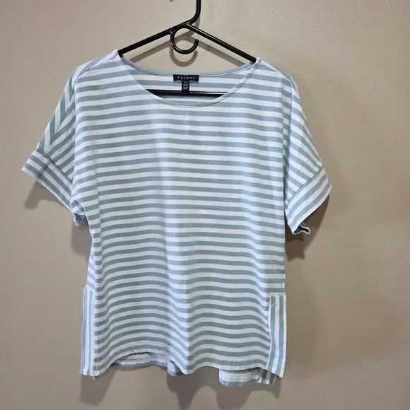 Tribal Blue White Striped Dolman Sleeve Top Cotton Oversized Side Slit Small - Picture 2 of 8